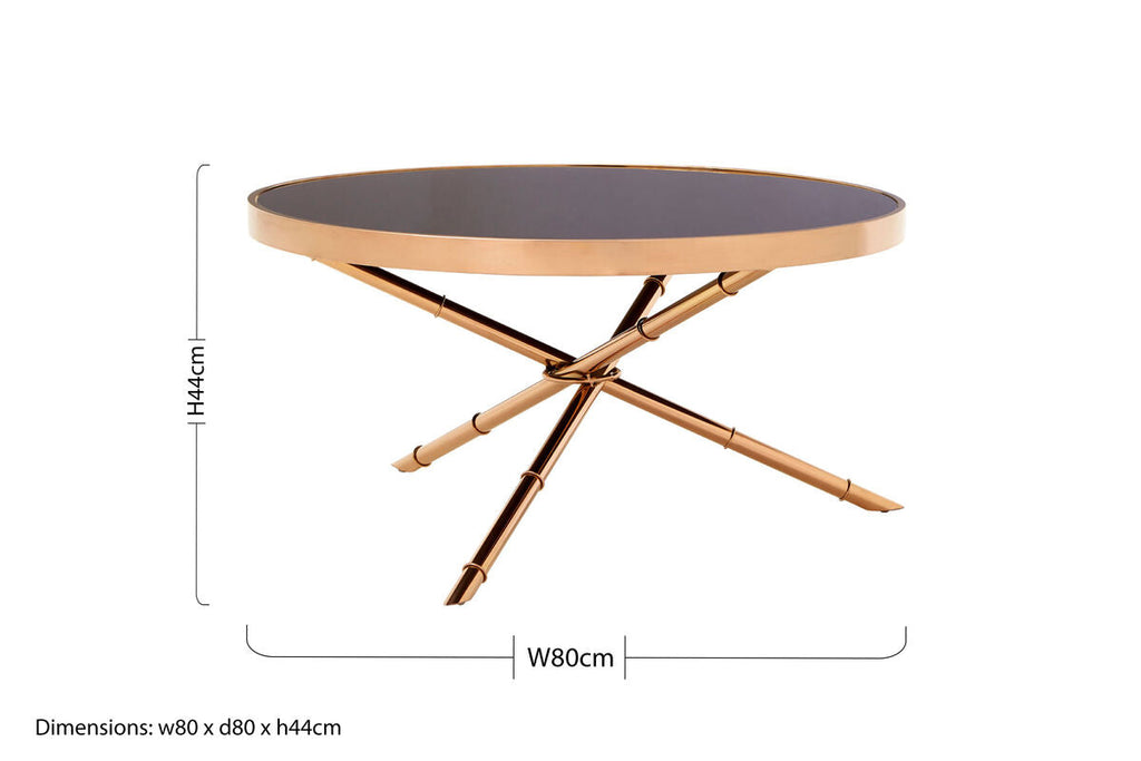 Orsina Alvaro Round Coffee Table – Black Glass & Rose Gold Iron