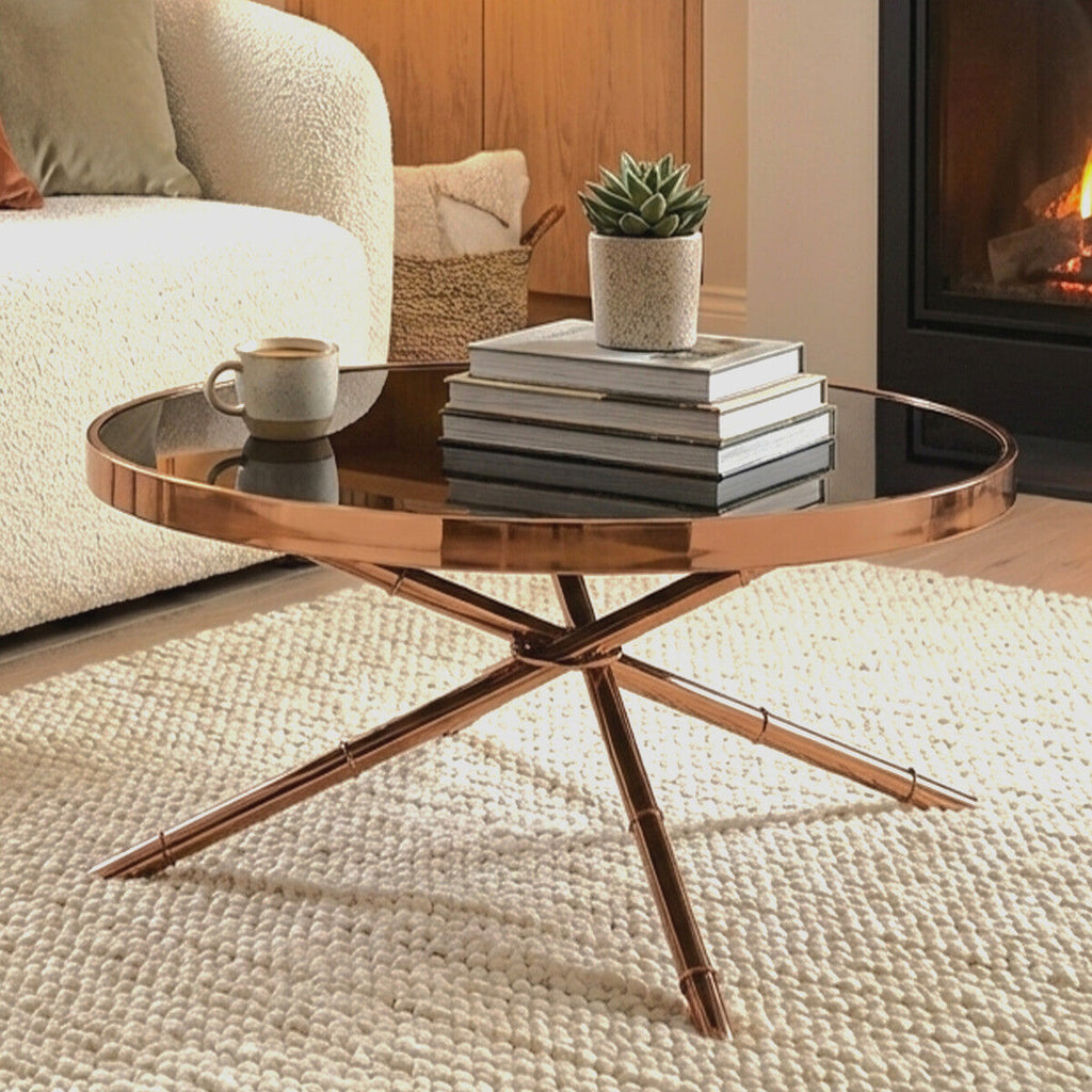 Orsina Alvaro Round Coffee Table – Black Glass & Rose Gold Iron