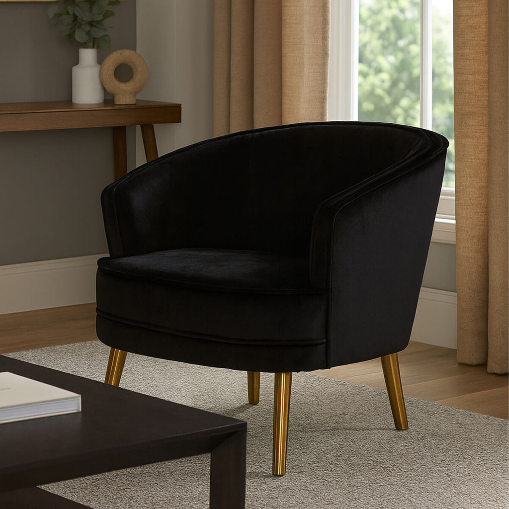 Orsina Louxor Black Velvet Round Accent Chair with Gold Legs