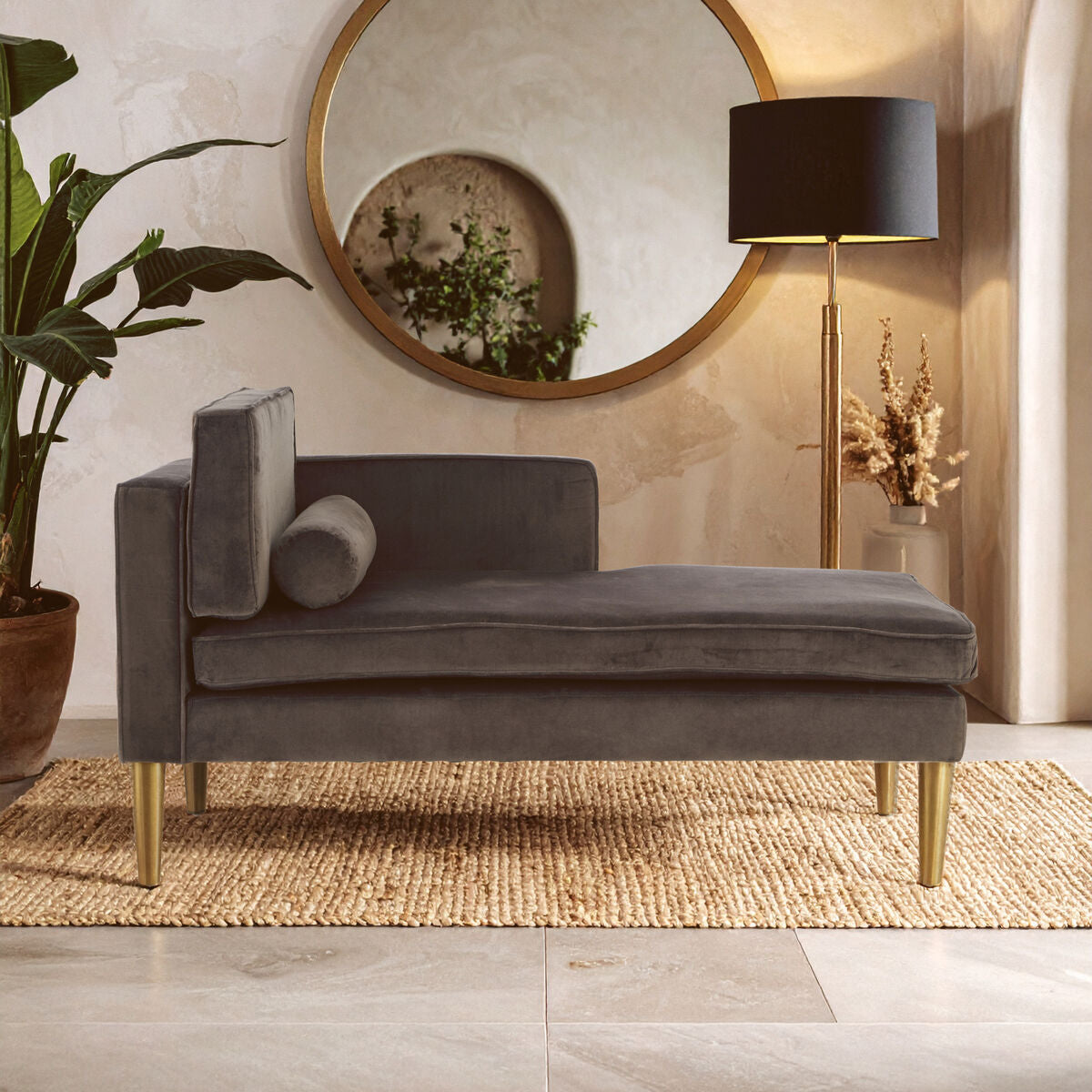 Orsina Louxor Grey Velvet Left Hand Chaise Longue with Gold Legs