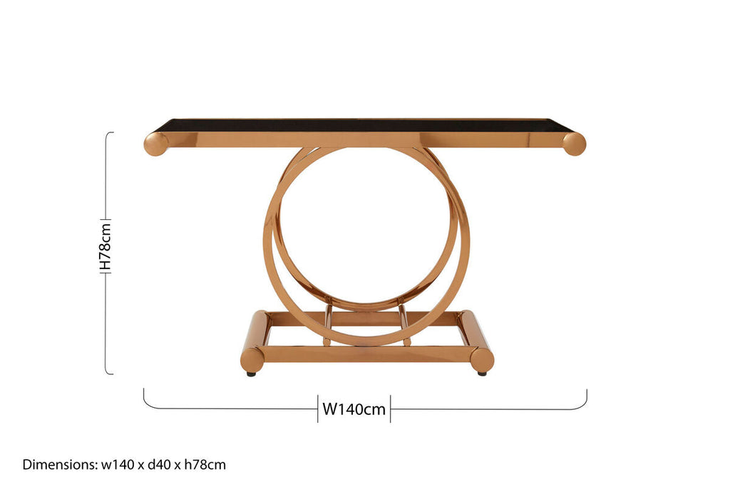 Orsina Novara Rose Gold Console Table with Black Tempered Glass