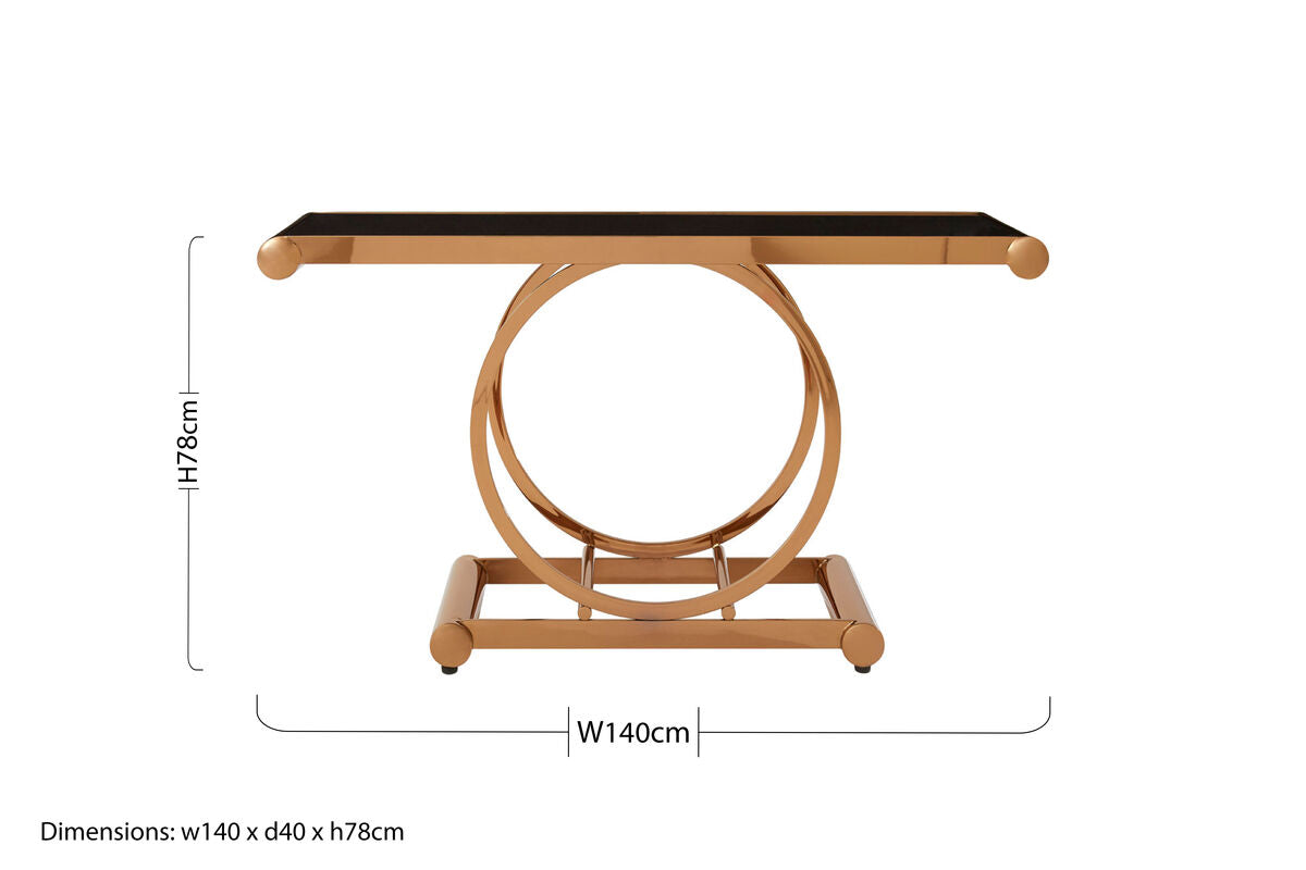 Orsina Novara Rose Gold Console Table with Black Tempered Glass
