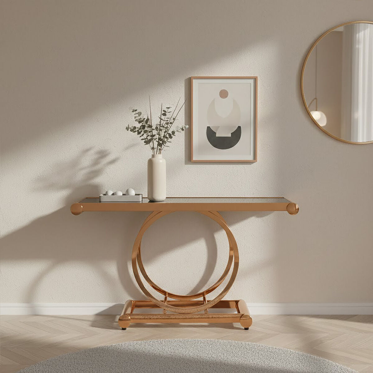 Orsina Novara Rose Gold Console Table with Black Tempered Glass