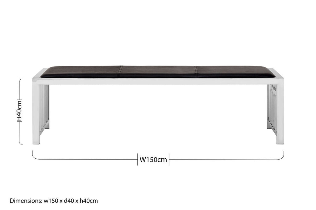 Orsina Novara Black Leather Bench | Modern Stainless Steel Frame