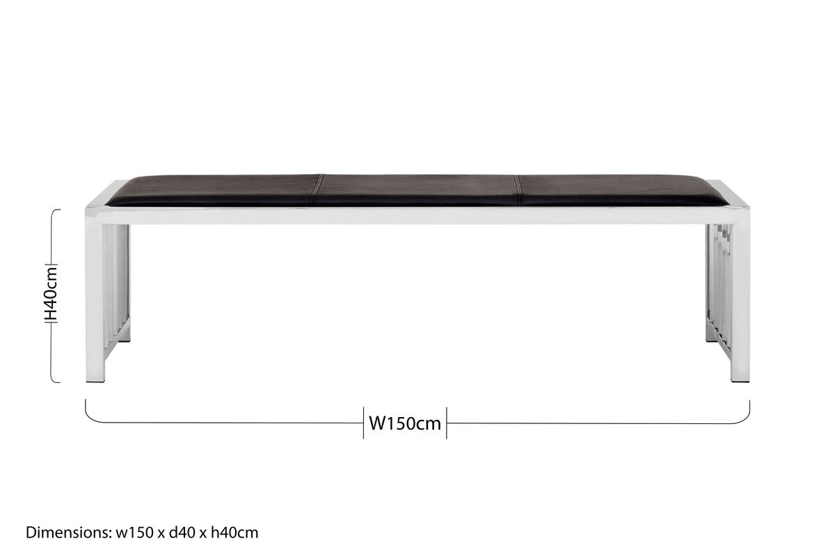 Orsina Novara Black Leather Bench | Modern Stainless Steel Frame