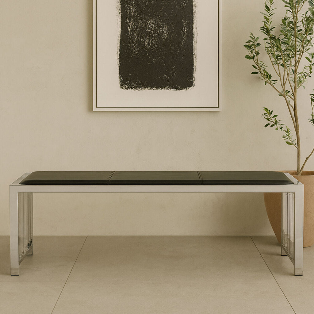 Orsina Novara Black Leather Bench | Modern Stainless Steel Frame