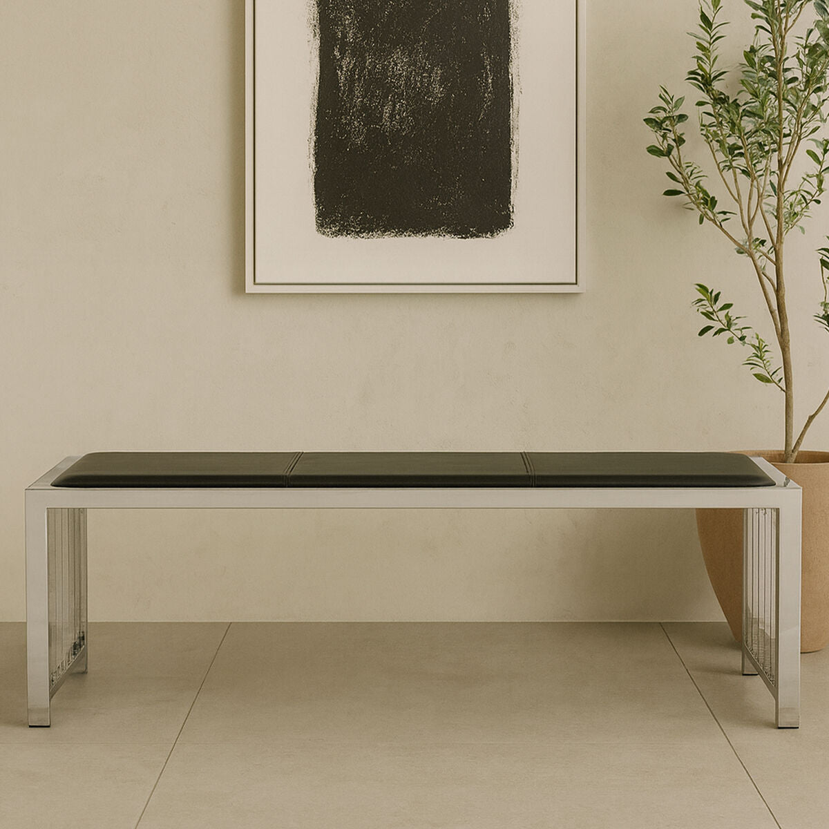 Orsina Novara Black Leather Bench | Modern Stainless Steel Frame