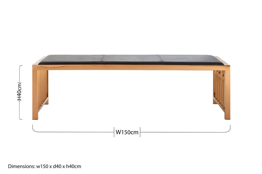 Orsina Novara Bench | Black Leather and Rose Gold Modern Seating
