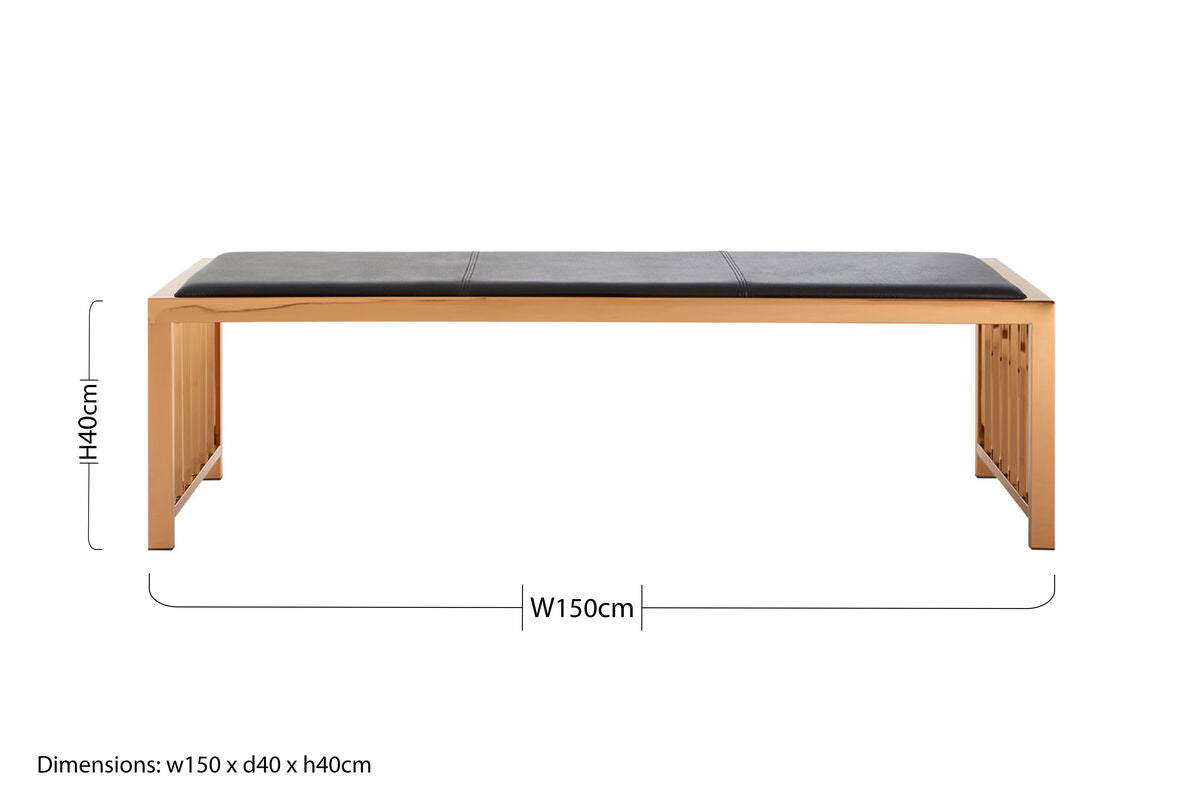 Orsina Novara Bench | Black Leather and Rose Gold Modern Seating