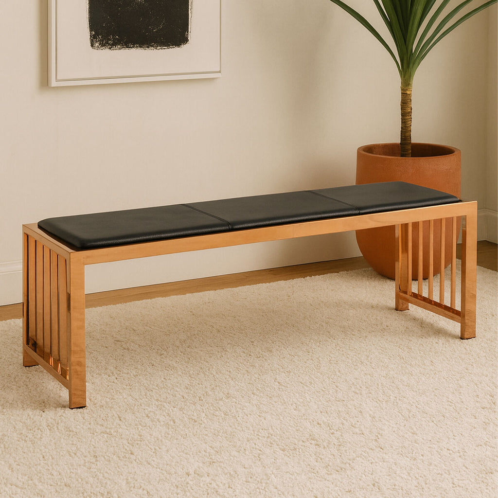 Orsina Novara Bench | Black Leather and Rose Gold Modern Seating