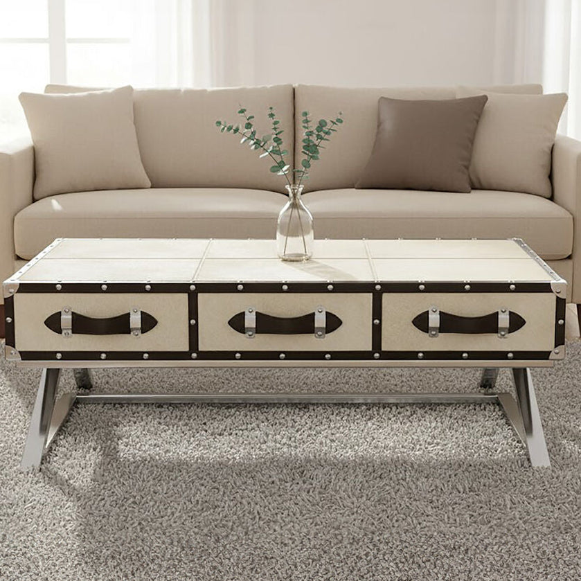 Orsina Mango Wood Coffee Table – 3-Drawer with Leather Handles