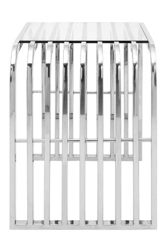 Orsina Vogue Slatted End Table | Silver Stainless Steel & Glass Top