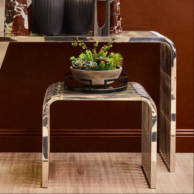 Orsina Vogue Slatted End Table | Silver Stainless Steel & Glass Top