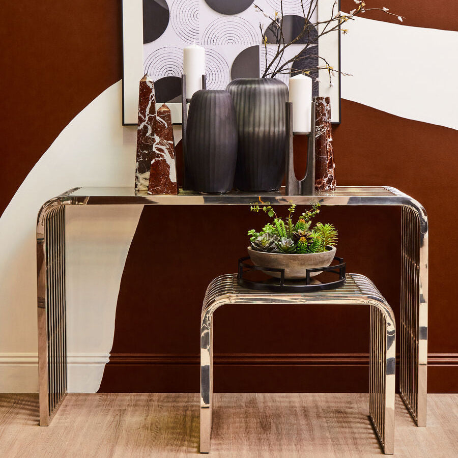 Orsina Vogue Slatted End Table | Silver Stainless Steel & Glass Top