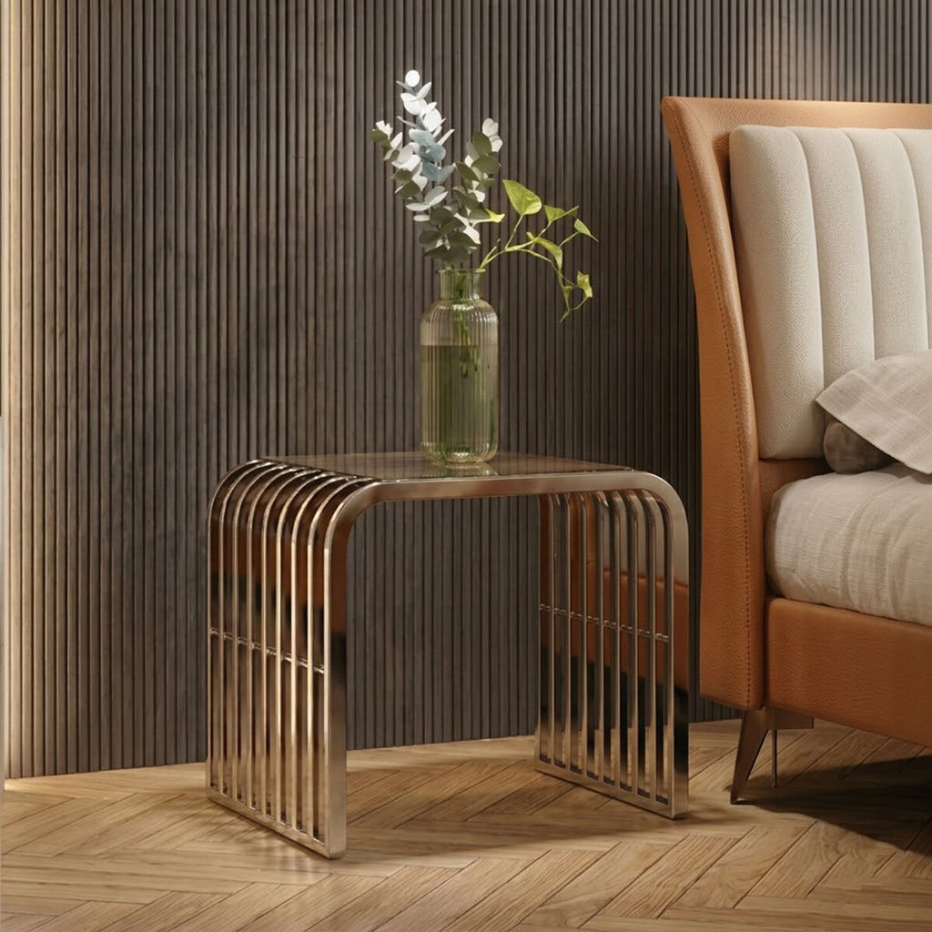 Orsina Vogue Slatted End Table | Silver Stainless Steel & Glass Top