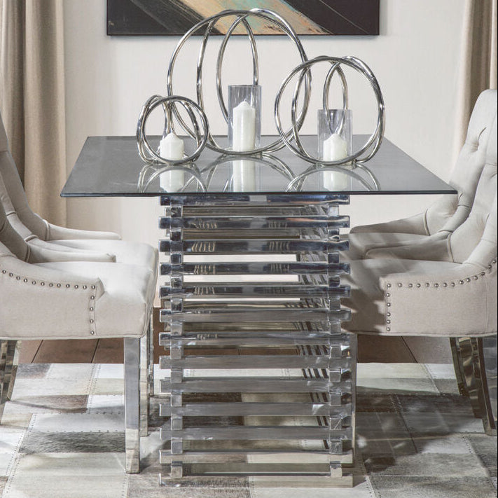 Orsina Vogue Glass Dining Table | Rectangular Stainless Steel Base
