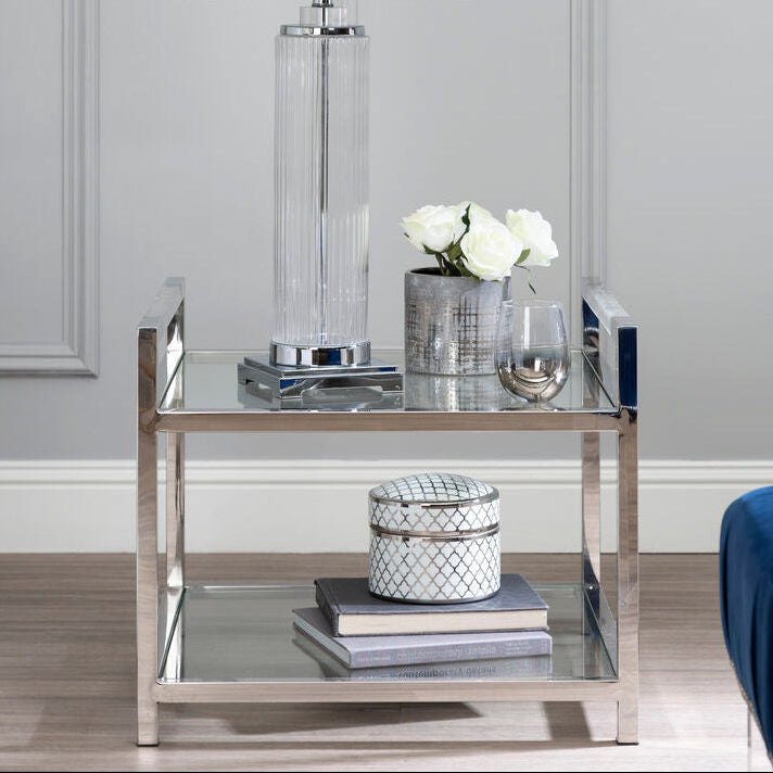 Orsina Vogue 2-Tier Glass End Table – Polished Silver Stainless Steel