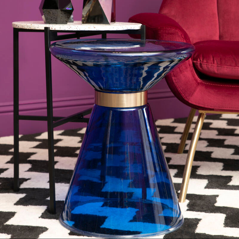 Orsina Martini Blue Glass Hourglass Side Table | Gold Steel Ring