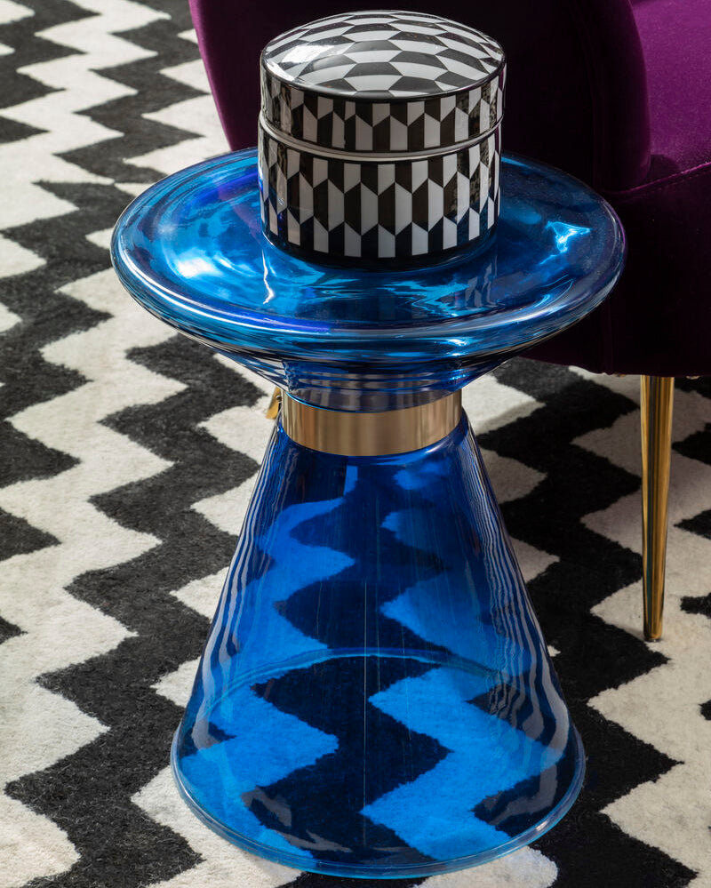 Orsina Martini Blue Glass Hourglass Side Table | Gold Steel Ring