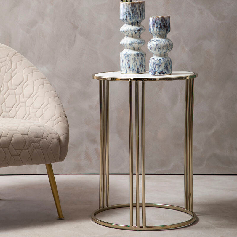 Orsina Macy White Marble Round Side Table – Gold Steel Base