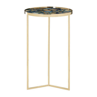 Orsina Vita Blue Agate Side Table – Round Stone Top & Gold Base