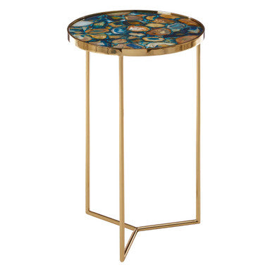 Orsina Vita Blue Agate Side Table – Round Stone Top & Gold Base