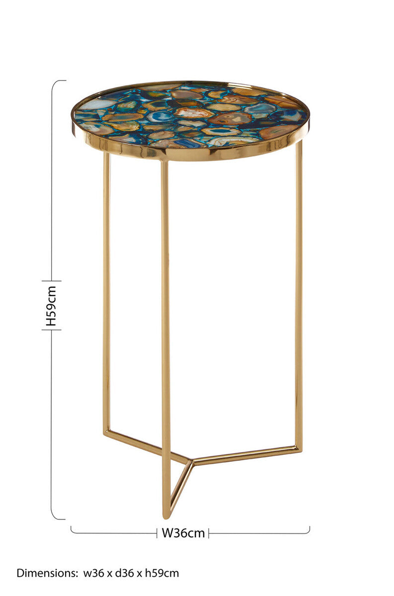 Orsina Vita Blue Agate Side Table – Round Stone Top & Gold Base
