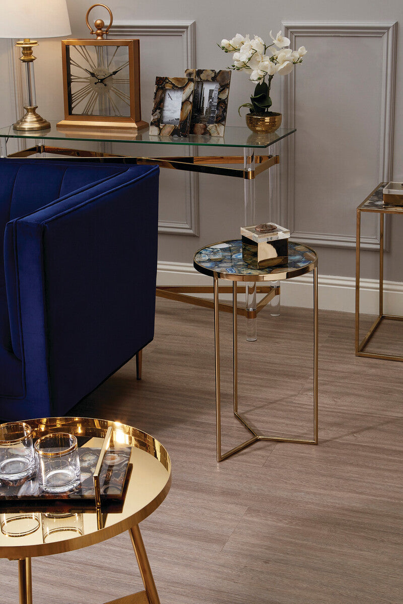Orsina Vita Blue Agate Side Table – Round Stone Top & Gold Base