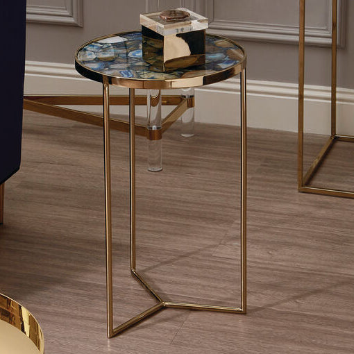 Orsina Vita Blue Agate Side Table – Round Stone Top & Gold Base