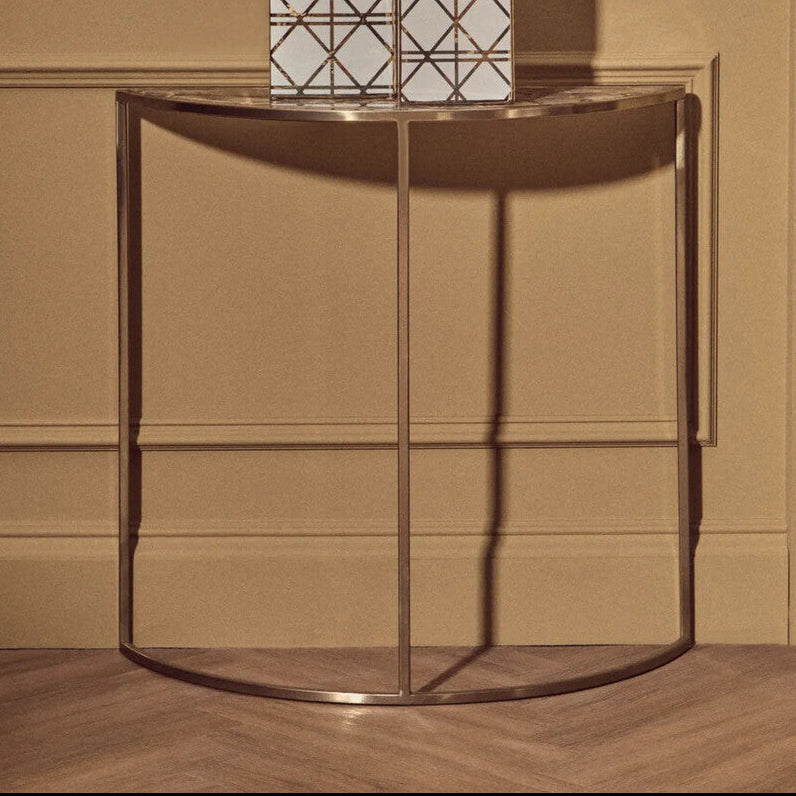 Orsina Vita Half Moon Console Table – Black Agate & Gold Steel