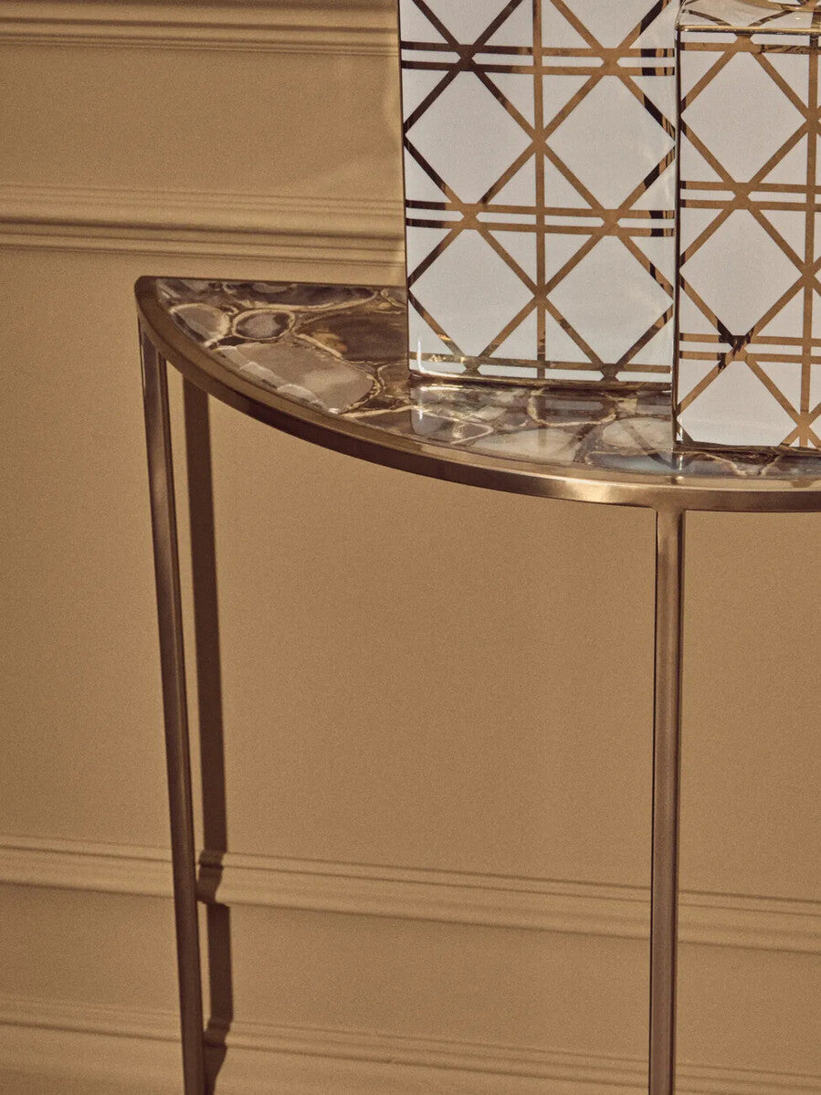 Orsina Vita Half Moon Console Table – Black Agate & Gold Steel