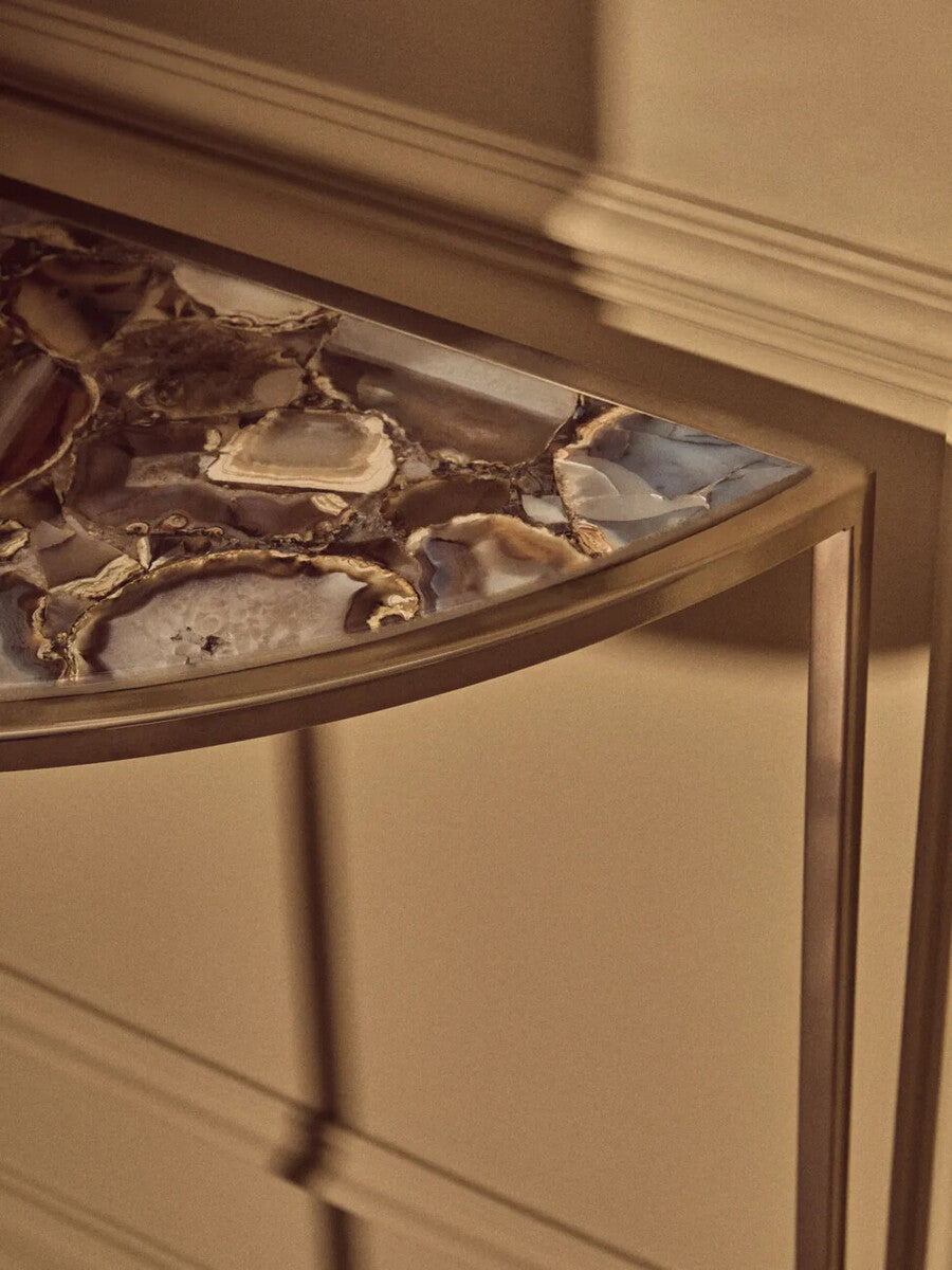 Orsina Vita Half Moon Console Table – Black Agate & Gold Steel