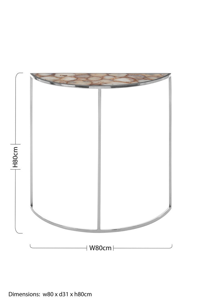 Orsina Vita Half Moon Console Table | White Agate and Silver Steel
