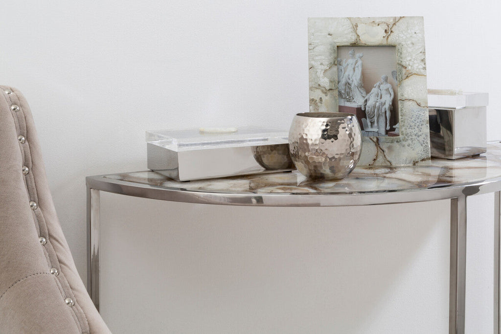 Orsina Vita Half Moon Console Table | White Agate and Silver Steel