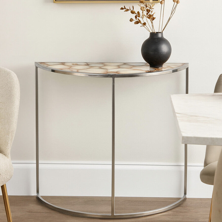 Orsina Vita Half Moon Console Table | White Agate and Silver Steel