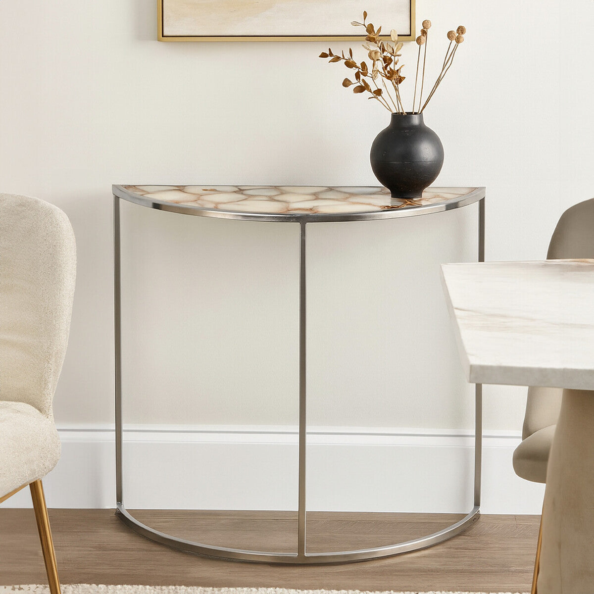 Orsina Vita Half Moon Console Table | White Agate and Silver Steel