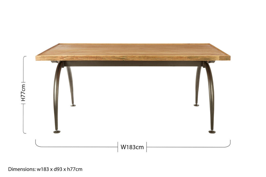 Orsina New Foundry Dining Table – Natural Elm Wood with Arched Metal Legs