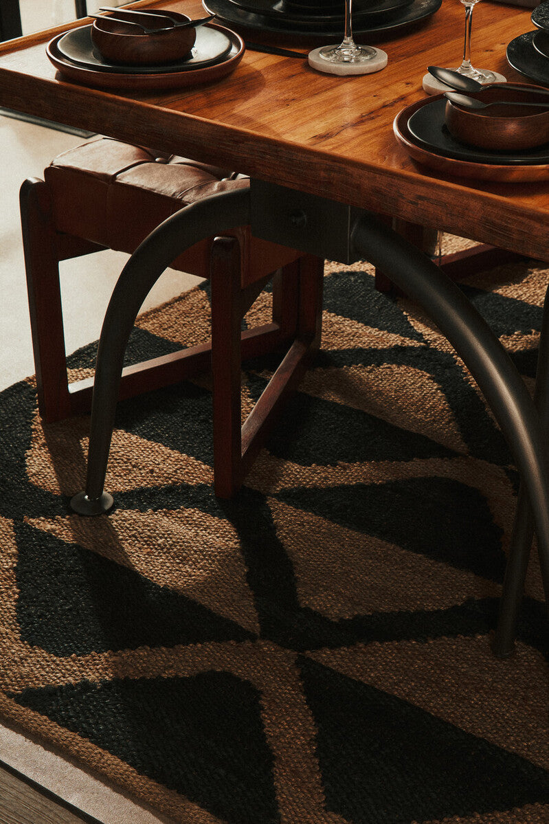 Orsina New Foundry Dining Table – Natural Elm Wood with Arched Metal Legs