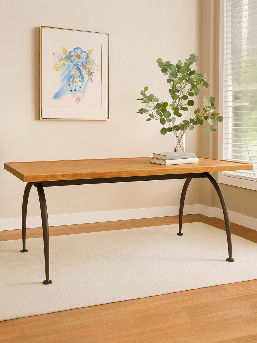 Orsina New Foundry Dining Table – Natural Elm Wood with Arched Metal Legs