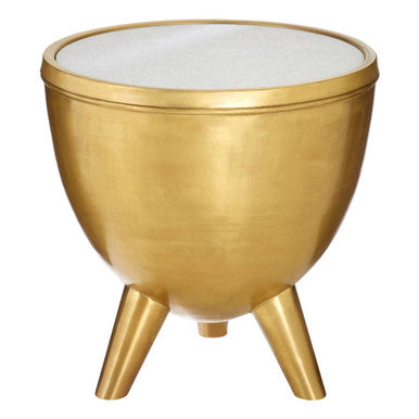Orsina Crest Gold Side Table – White Marble Top & Tapered Legs