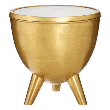 Orsina Crest Gold Side Table – White Marble Top & Tapered Legs