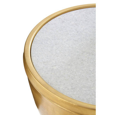 Orsina Crest Gold Side Table – White Marble Top & Tapered Legs