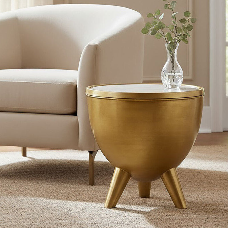 Orsina Crest Gold Side Table – White Marble Top & Tapered Legs