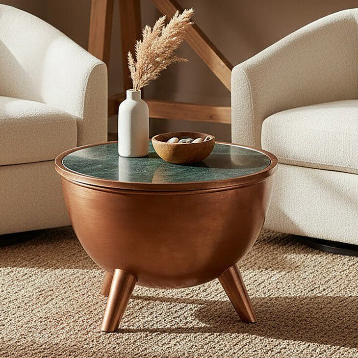 Orsina Crest Green Marble Coffee Table – Copper Bowl Shape Design