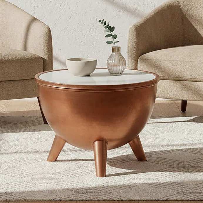 Orsina Crest Copper Bowl Coffee Table with White Marble Top