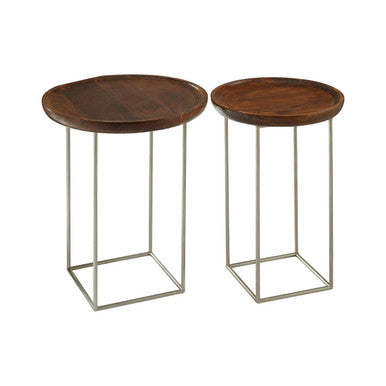Orsina Crest Side Tables – Set of 2 Wood Top & Silver Iron Legs