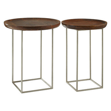Orsina Crest Side Tables – Set of 2 Wood Top & Silver Iron Legs