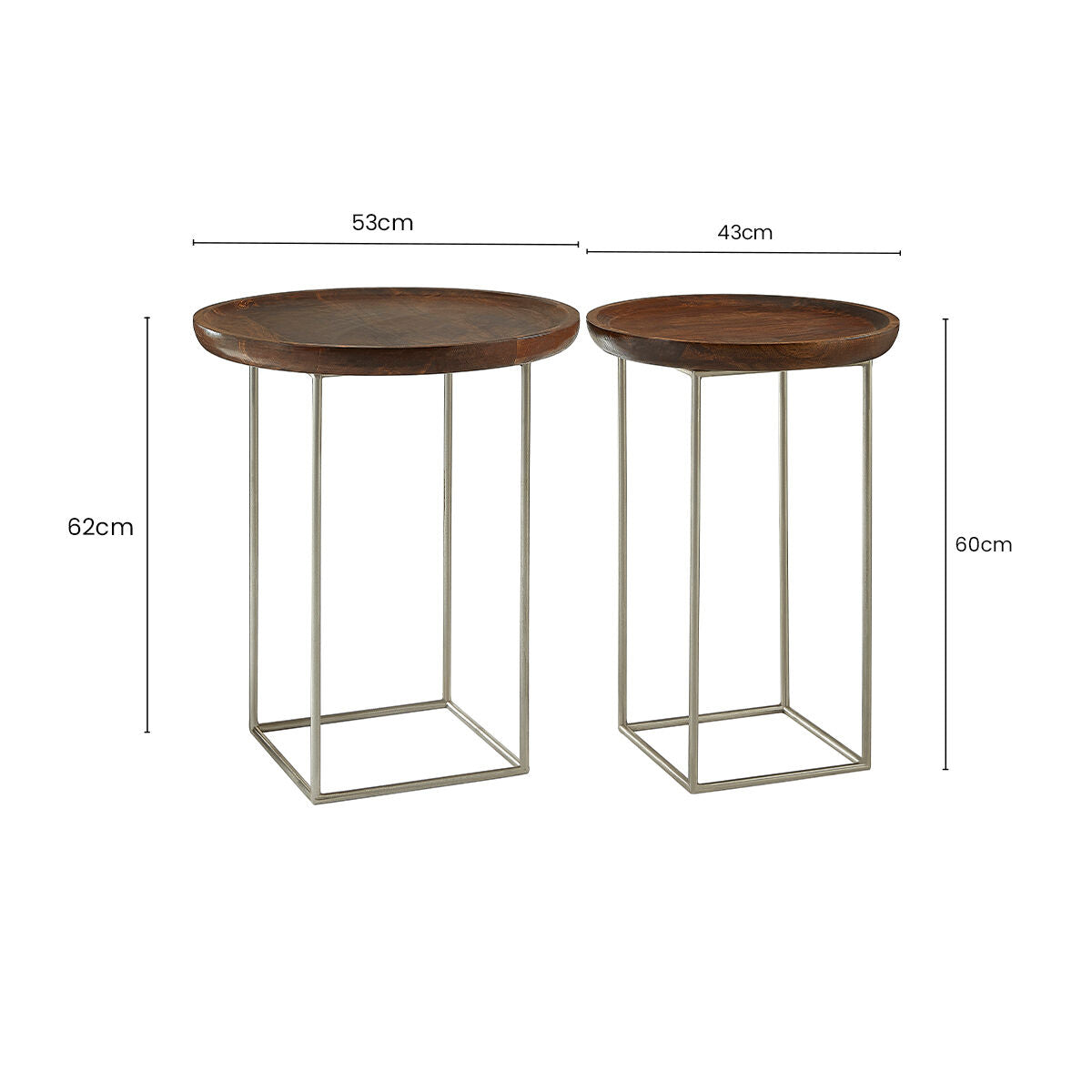 Orsina Crest Side Tables – Set of 2 Wood Top & Silver Iron Legs