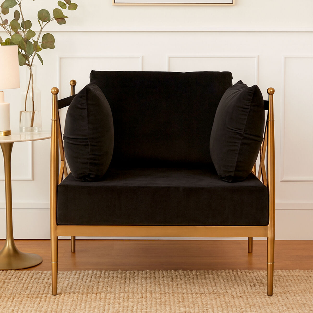 Orsina Novo Modern Accent Chair | Black Velvet & Rose Gold Metal