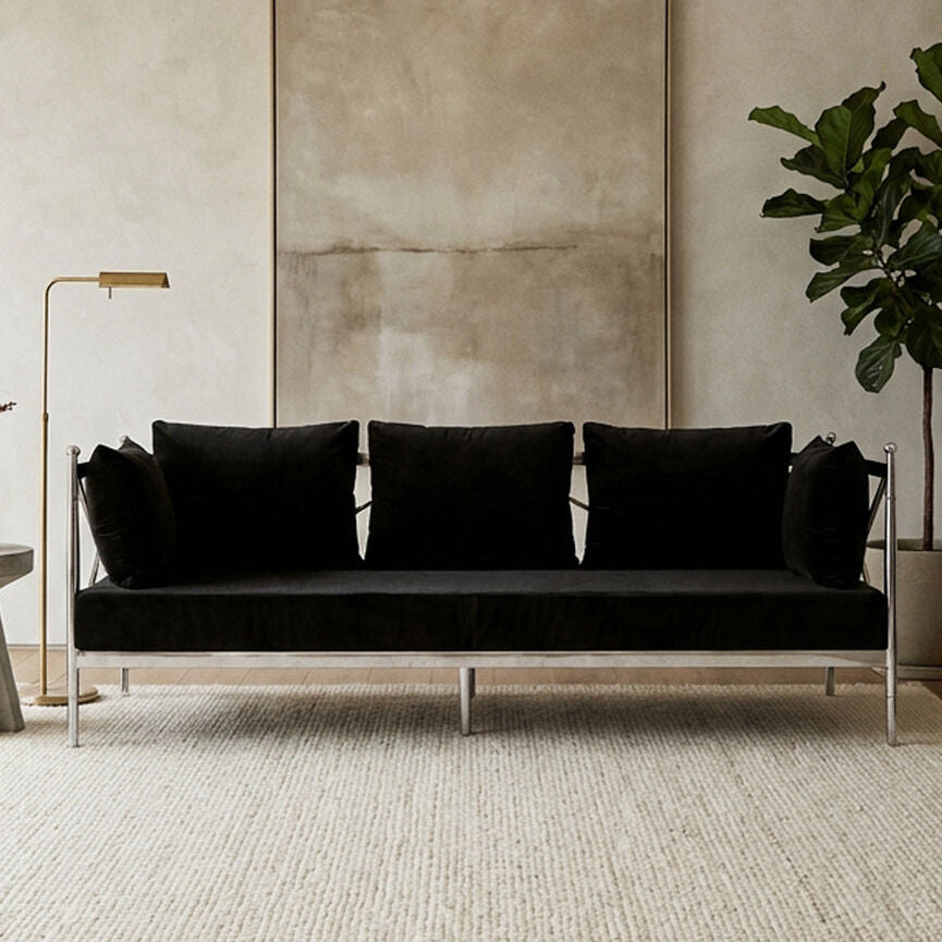 Orsina Novo 3 Seater Sofa | Black Upholstery with Silver Lattice Sides